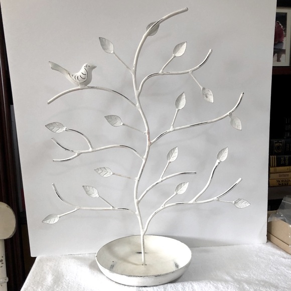 White Earring Tree w/ Birds Display Jewelry Stand